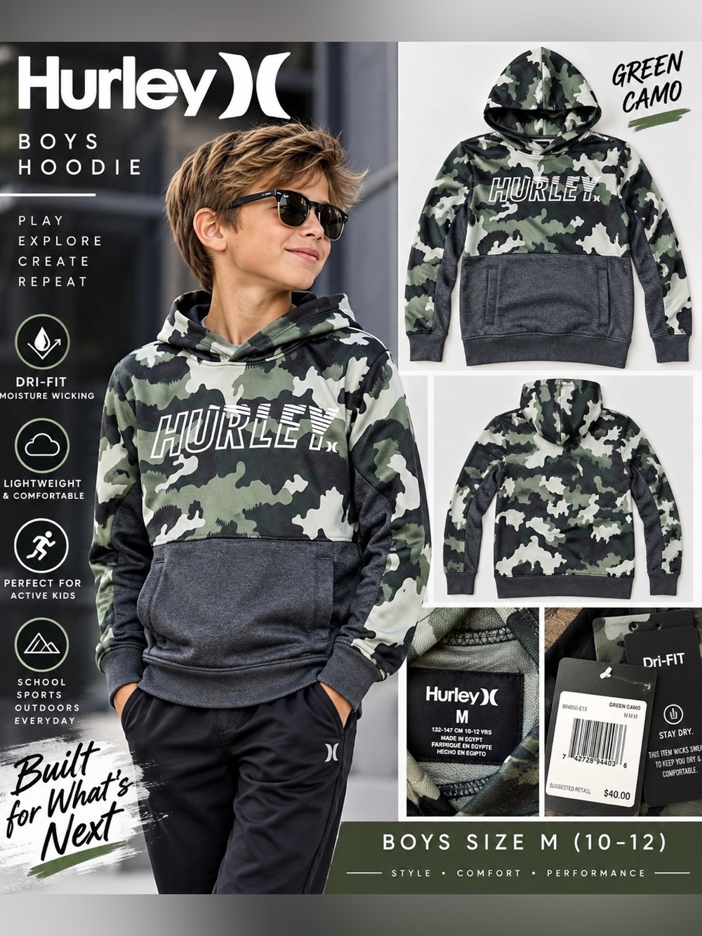 $10 or 🆓 BUY ONE GET ONE FREE 🆓 NWT Hurley Boys Green Camo Dri-FIT Pullover Hood